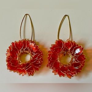 Red Floral Dangle Resin Gold Earrings